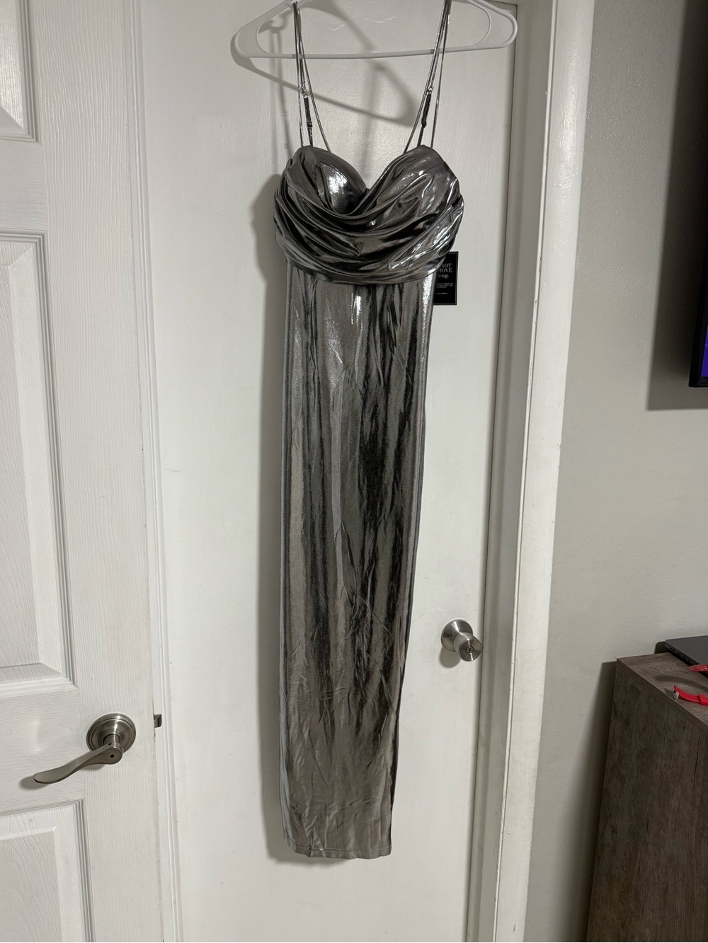 Metallic Silver Cowl Neck Midi Dress